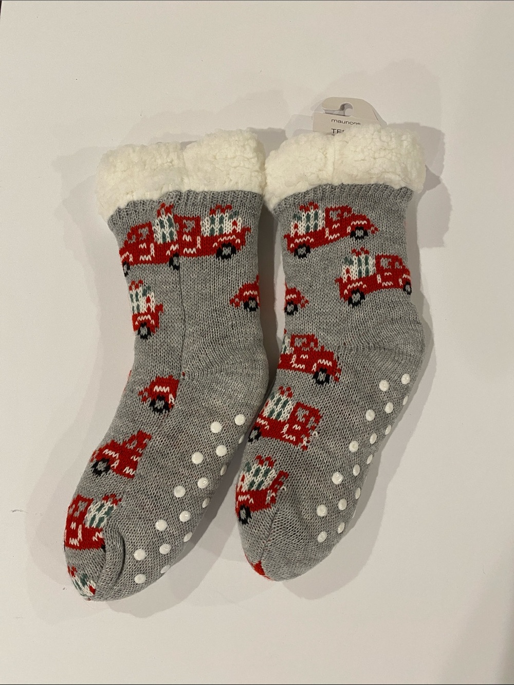 Maurices Grey Sherpa-Lined Holiday Socks with Red Truck Pattern